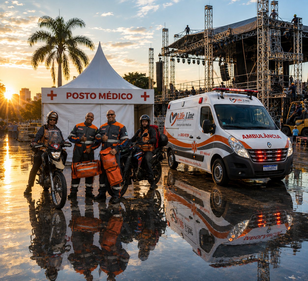 Posto médico, ambulância UTI móvel e equipe de resgate da Life Line na montagem de um evento no Rio de Janeiro