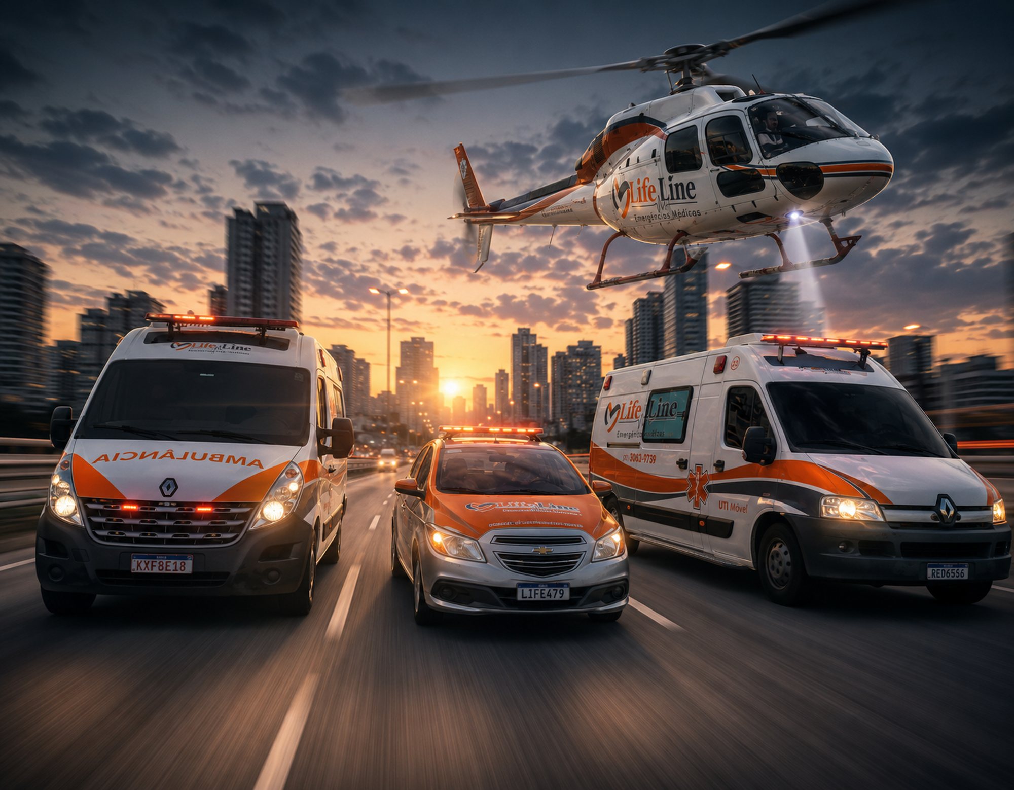 Frota da Life Line em deslocamento no Rio de Janeiro, com ambulância, viatura de coordenação e helicóptero aeromédico
