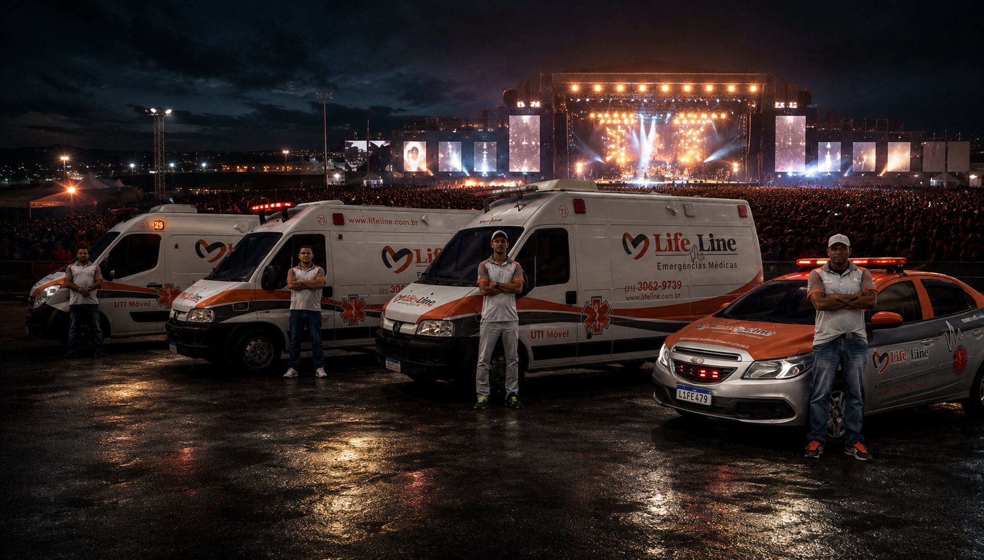 Equipe e frota da Life Line posicionadas diante do palco de um grande show, com o público ao fundo
